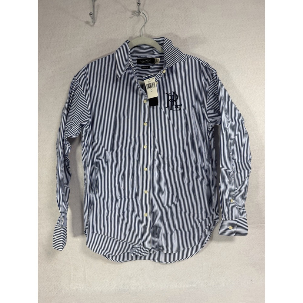NWT Lauren Ralph Lauren Striped Button Down Shirt Blue White LRL Logo Womens SP